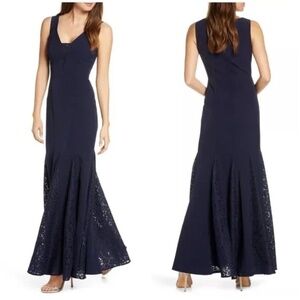 Eliza J - Navy Trumpet Gown with Lace Insets - Size 2